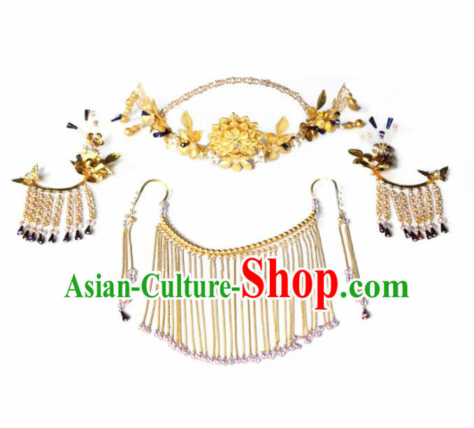 Chinese Ancient Queen Golden Peony Hair Clasp Hairpins Traditional Palace Hair Accessories Headdress for Women