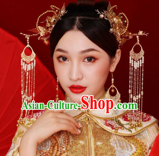 Chinese Ancient Queen Golden Tassel Hair Clasp Hairpins Traditional Palace Hair Accessories Headdress for Women