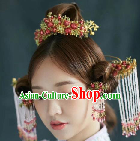 Chinese Ancient Bride Pomegranate Phoenix Coronet Hairpins Traditional Hair Accessories Headdress for Women