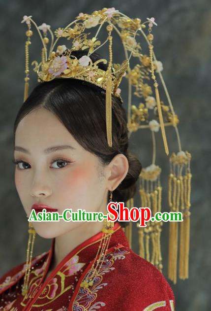 Chinese Ancient Bride Golden Tassel Phoenix Coronet Hairpins Traditional Hair Accessories Headdress for Women