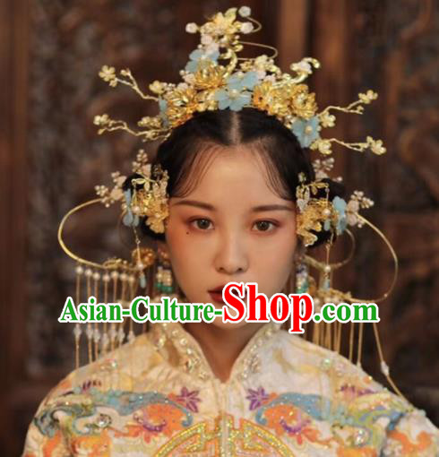 Chinese Ancient Bride Hairpins Blue Flowers Phoenix Coronet Traditional Hair Accessories Headdress for Women