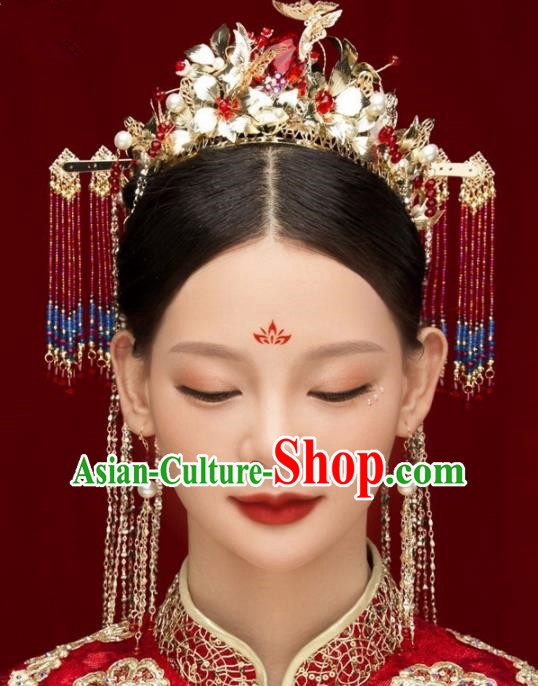 Chinese Ancient Bride Hairpins Red Crystal Tassel Phoenix Coronet Traditional Hair Accessories Headdress for Women