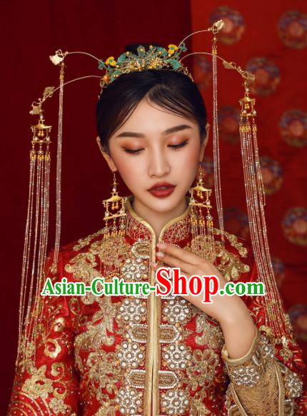 Chinese Ancient Bride Hairpins Blueing Phoenix Coronet Traditional Hair Accessories Headdress for Women