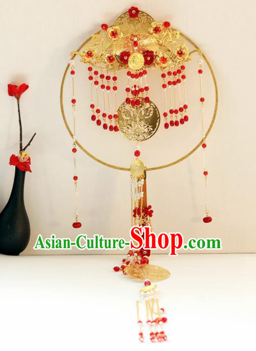 Chinese Handmade Classical Red Tassel Palace Fans Wedding Bride Accessories Round Fan for Women