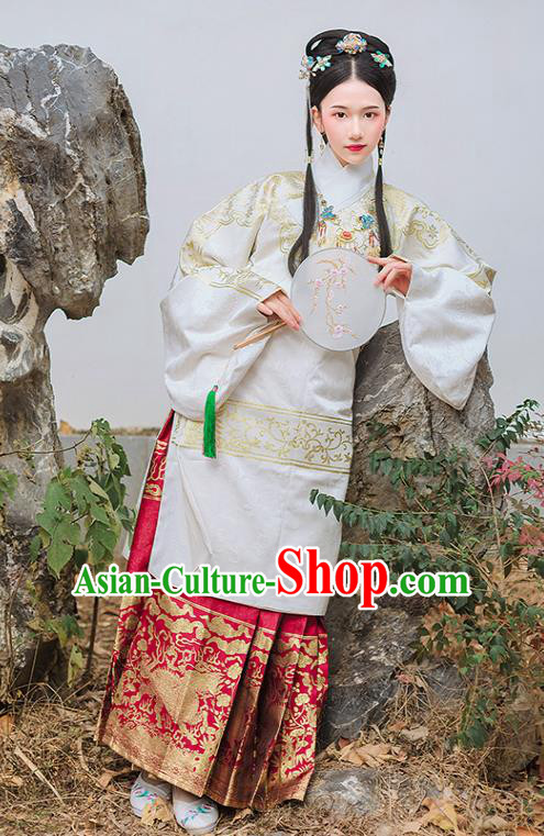 Chinese Traditional Ming Dynasty Palace Historical Costume Ancient Princess White Blouse and Red Horse Face Skirt Complete Set