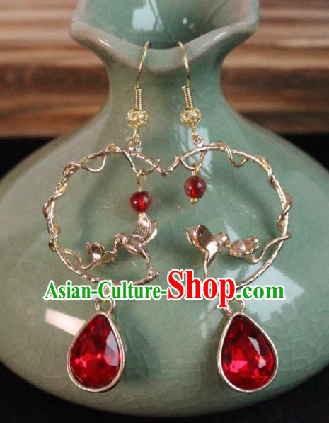 Chinese Handmade Red Crystal Earrings Traditional Ancient Palace Ear Accessories for Women