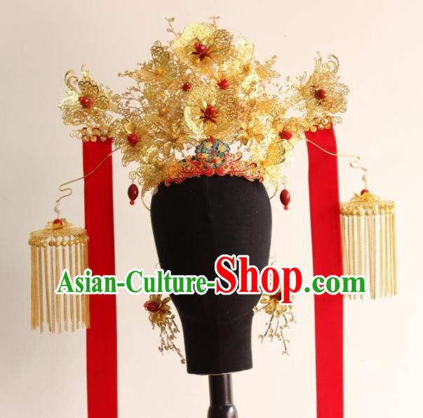 Top Grade Chinese Ancient Queen Hairpins Golden Tassel Phoenix Coronet Traditional Hair Accessories Headdress for Women