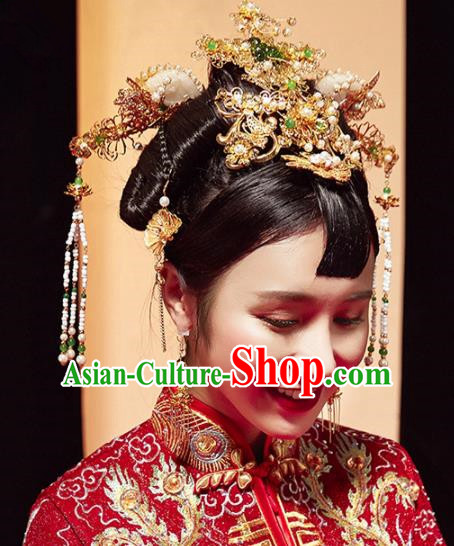 Top Grade Chinese Ancient Bride Hairpins Jade Phoenix Coronet Traditional Hair Accessories Headdress for Women