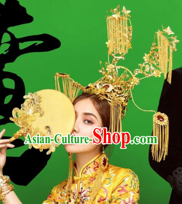 Top Grade Chinese Ancient Bride Golden Tassel Jade Phoenix Coronet Traditional Hair Accessories Headdress for Women