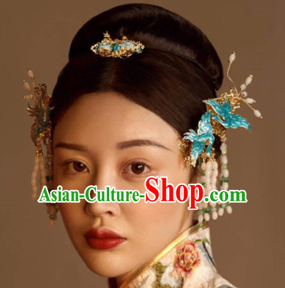 Top Grade Chinese Ancient Bride Blueing Cranes Tassel Hairpins Traditional Hair Accessories Headdress for Women