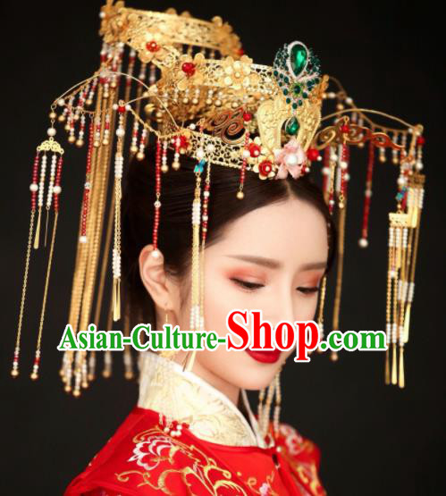 Top Grade Chinese Ancient Bride Tassel Phoenix Coronet Hairpins Traditional Hair Accessories Headdress for Women