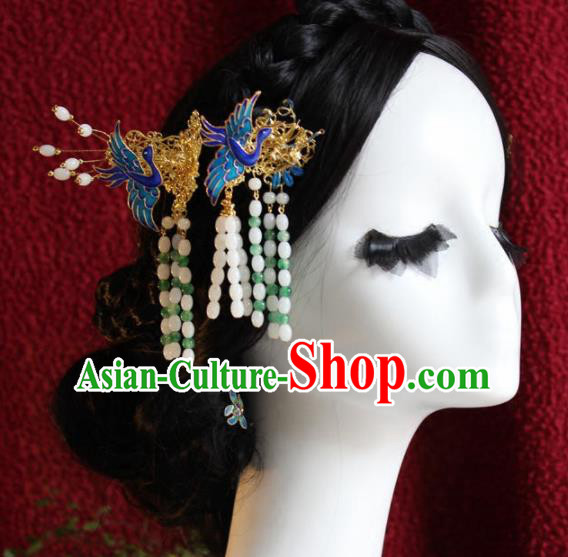 Top Grade Chinese Ancient Bride Wedding Blueing Cranes Hairpins Traditional Hair Accessories Headdress for Women