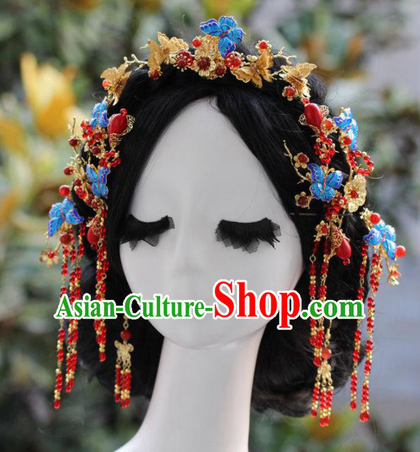 Top Grade Chinese Ancient Bride Wedding Blueing Butterfly Hair Comb Hairpins Traditional Hair Accessories Headdress for Women