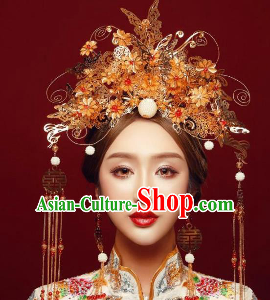 Top Grade Chinese Ancient Bride Wedding Golden Butterfly Phoenix Coronet Traditional Hair Accessories Headdress for Women