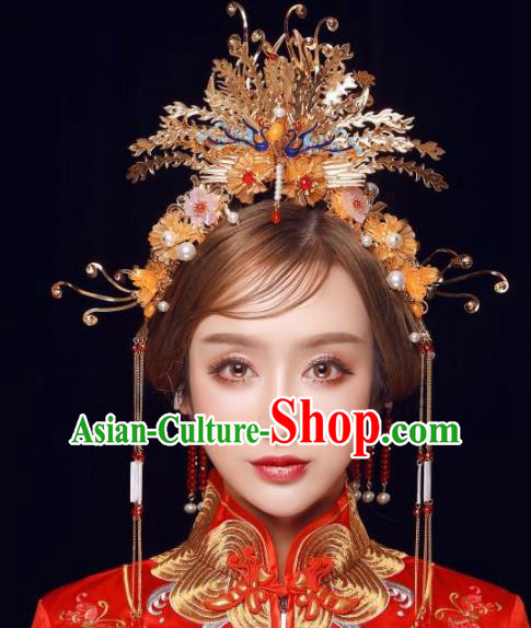 Top Grade Chinese Ancient Bride Wedding Golden Phoenix Coronet Traditional Hair Accessories Headdress for Women