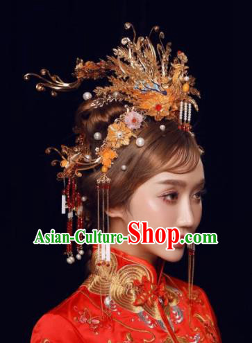 Top Grade Chinese Ancient Bride Wedding Golden Phoenix Coronet Traditional Hair Accessories Headdress for Women
