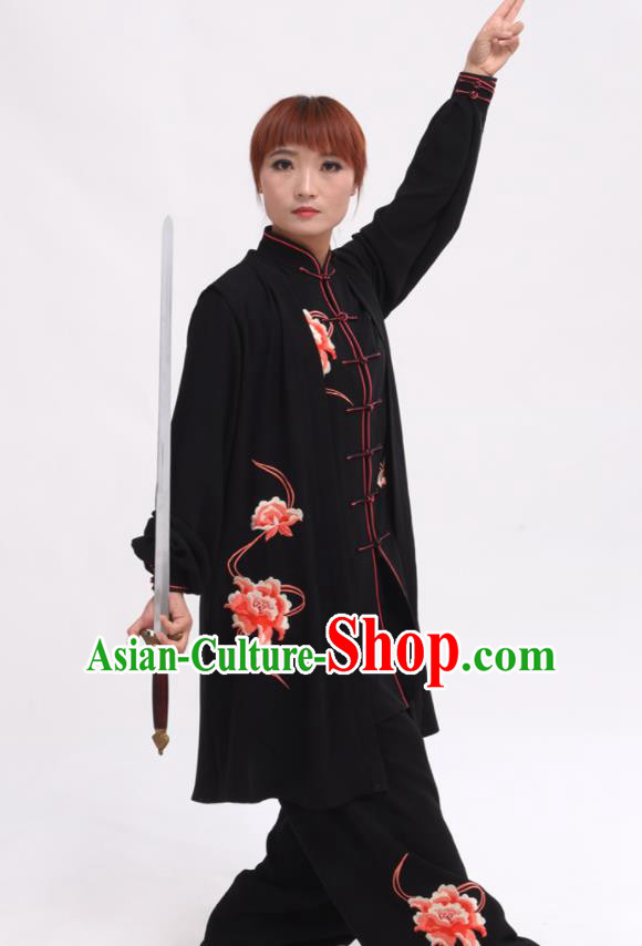 Chinese Traditional Tai Chi Printing Peony Black Costume Martial Arts Tai Ji Competition Clothing for Women