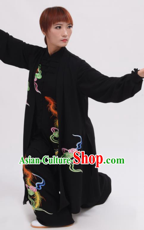 Chinese Traditional Tai Chi Printing Phoenix Black Costume Martial Arts Tai Ji Competition Clothing for Women