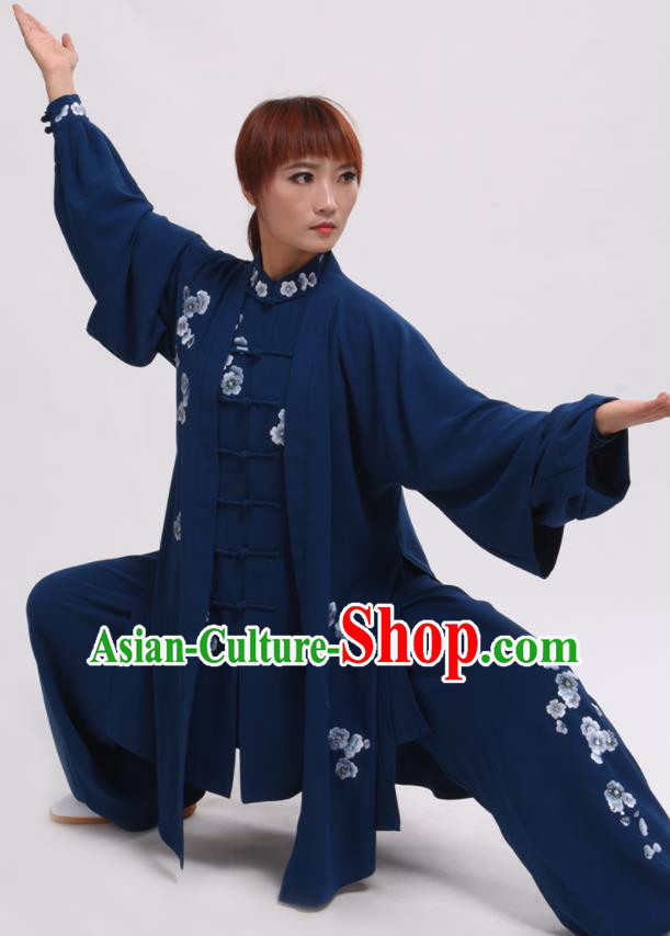 Chinese Traditional Tai Chi Deep Blue Costume Martial Arts Tai Ji Competition Clothing for Women