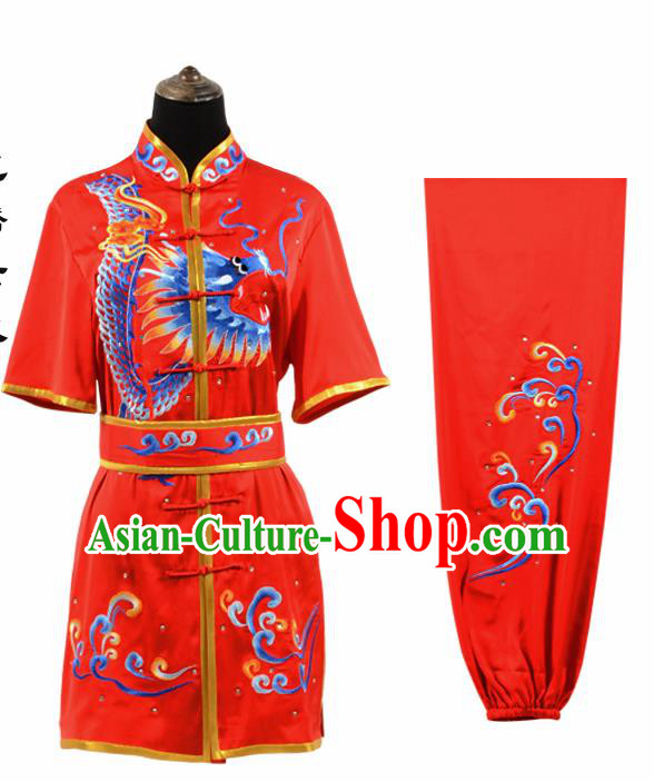 Chinese Traditional Tang Suit Embroidered Dragon Red Costume Martial Arts Tai Ji Competition Clothing for Men