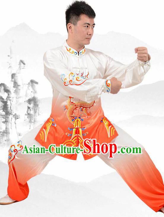 Chinese Traditional Tang Suit Embroidered Dragon Orange Costume Martial Arts Tai Ji Competition Clothing for Men