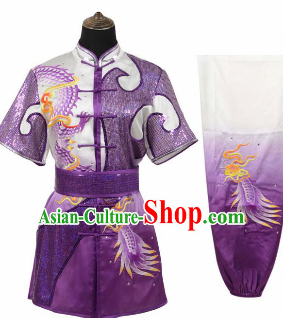 Chinese Traditional Tang Suit Embroidered Dragon Purple Costume Martial Arts Tai Ji Competition Clothing for Men