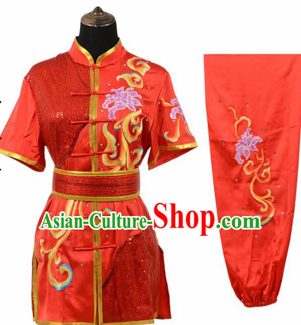 Chinese Traditional Tang Suit Embroidered Peony Red Costume Martial Arts Tai Ji Competition Clothing for Men