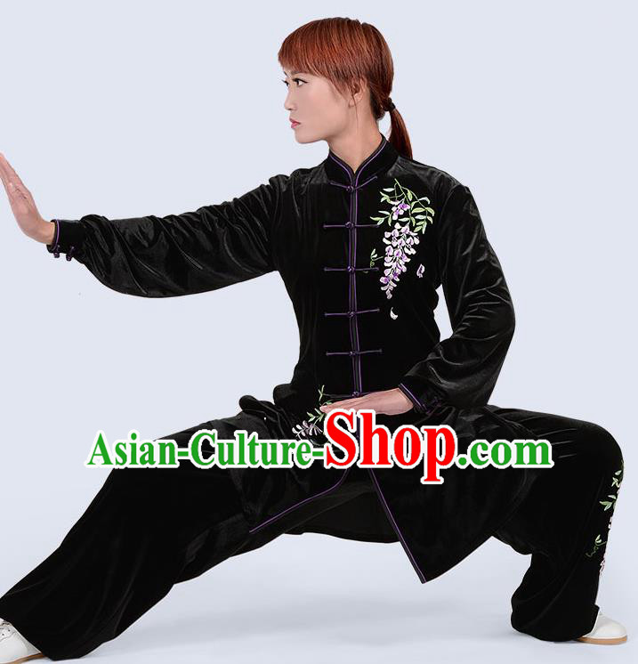 Chinese Traditional Kung Fu Embroidered Black Pleuche Costume Martial Arts Tai Ji Competition Clothing for Women