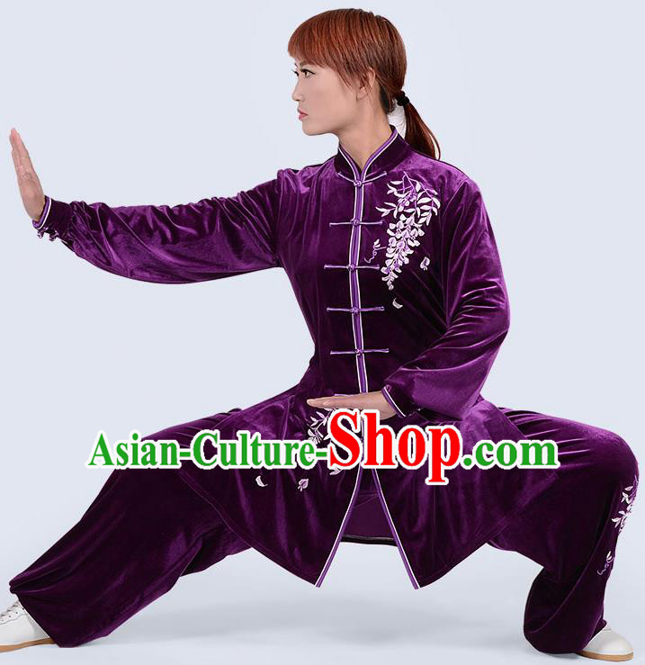 Chinese Traditional Kung Fu Embroidered Deep Purple Pleuche Costume Martial Arts Tai Ji Competition Clothing for Women