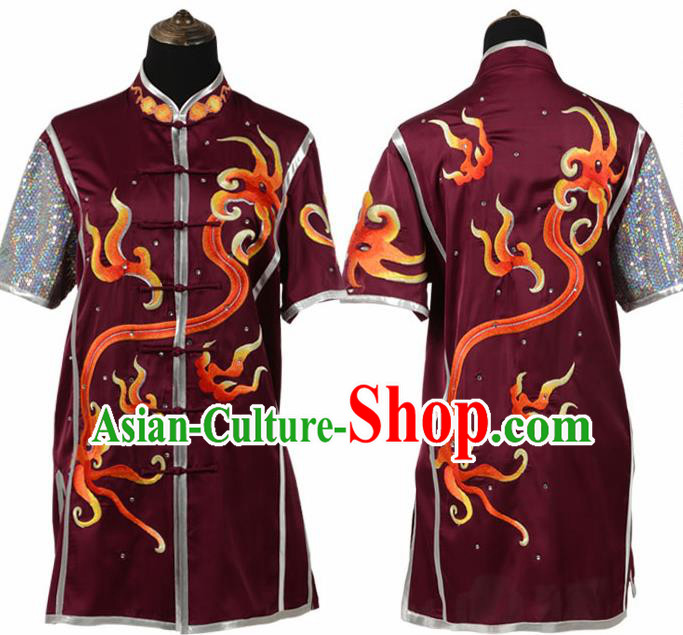 Chinese Traditional Tang Suit Embroidered Wine Red Costume Martial Arts Tai Ji Competition Clothing for Men