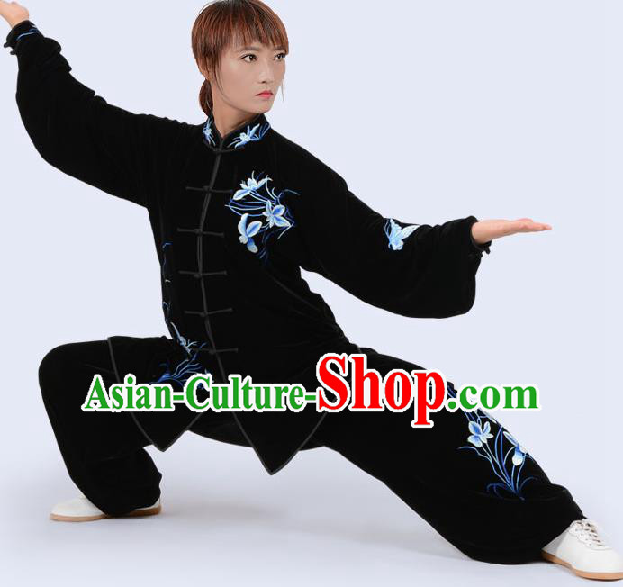 Chinese Traditional Kung Fu Velvet Costume Martial Arts Tai Ji Competition Printing Blue Orchid Clothing for Women