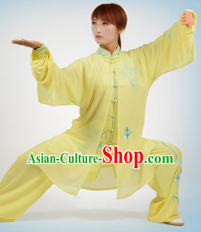Chinese Traditional Kung Fu Printing Orchid Yellow Costume Martial Arts Tai Ji Competition Clothing for Women