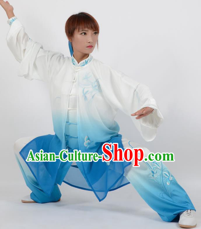 Chinese Traditional Kung Fu Printing Orchid Blue Costume Martial Arts Tai Ji Competition Clothing for Women