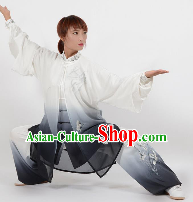 Chinese Traditional Kung Fu Embroidered Orchid Black Costume Martial Arts Tai Ji Competition Clothing for Women