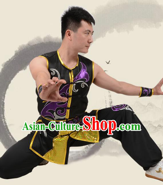 Chinese Traditional Tang Suit Embroidered Black Costume Martial Arts Tai Ji Competition Clothing for Men