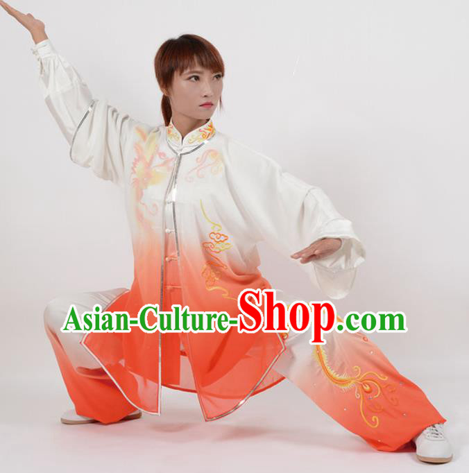 Chinese Traditional Kung Fu Embroidered Phoenix Orange Costume Martial Arts Tai Ji Competition Clothing for Women