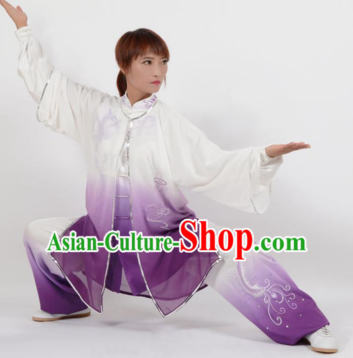 Chinese Traditional Kung Fu Embroidered Phoenix Purple Costume Martial Arts Tai Ji Competition Clothing for Women