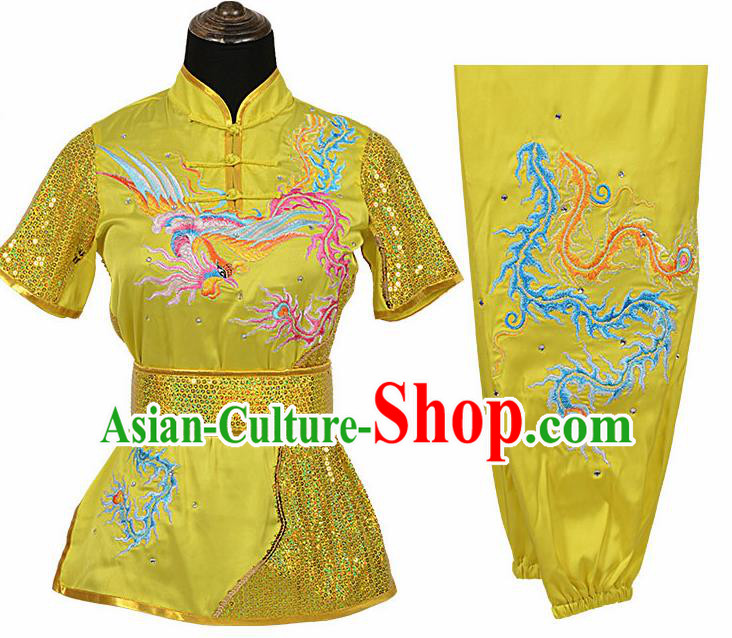 Chinese Traditional Kung Fu Embroidered Phoenix Yellow Costume Martial Arts Competition Clothing for Women