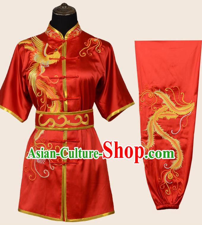 Chinese Traditional Kung Fu Embroidered Phoenix Red Costume Martial Arts Competition Clothing for Women