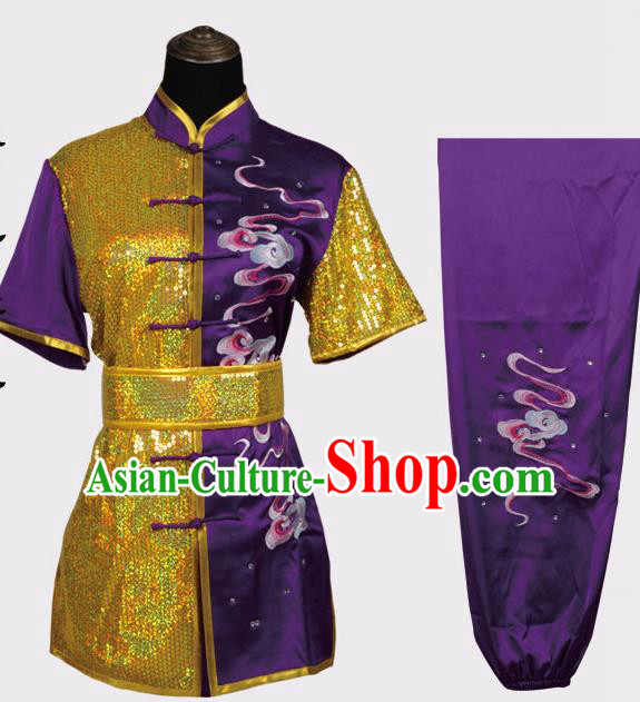 Chinese Traditional Kung Fu Embroidered Clouds Purple Costume Martial Arts Tai Ji Competition Clothing for Men