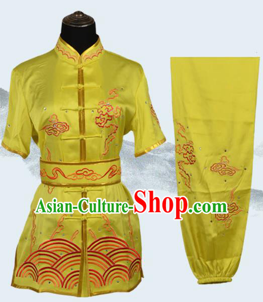 Chinese Traditional Kung Fu Embroidered Clouds Yellow Costume Martial Arts Tai Ji Competition Clothing for Men