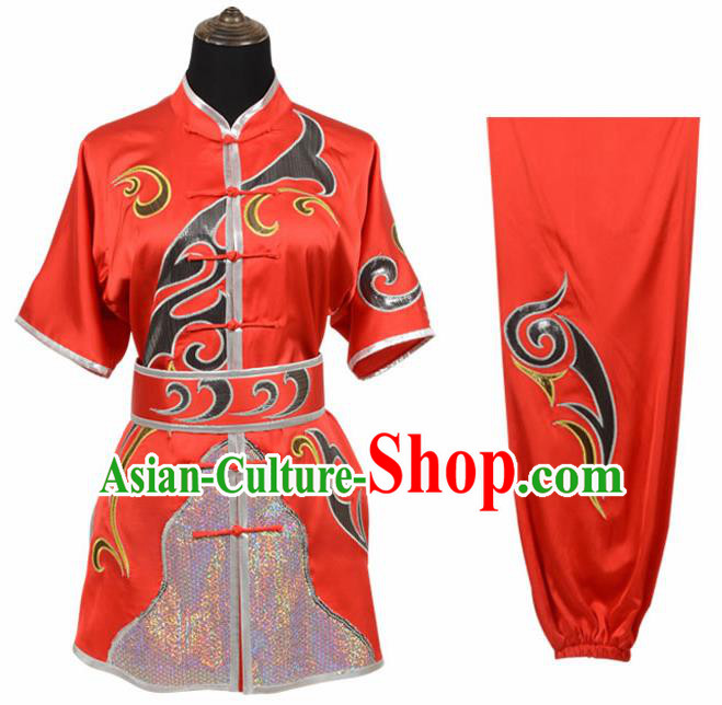 Chinese Traditional Kung Fu Embroidered Red Costume Martial Arts Tai Ji Competition Clothing for Men