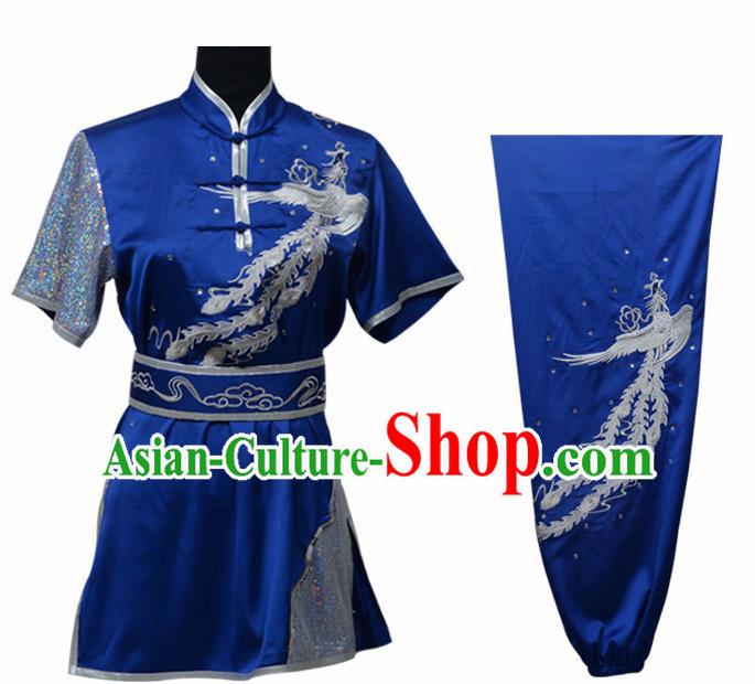 Chinese Traditional Kung Fu Printing Phoenix Royalblue Costume Martial Arts Competition Clothing for Women