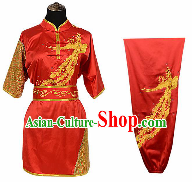 Chinese Traditional Kung Fu Printing Phoenix Red Costume Martial Arts Competition Clothing for Women