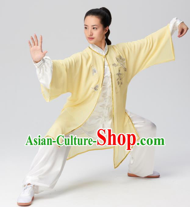 Chinese Traditional Kung Fu Tai Chi Costume Martial Arts Competition Embroidered Yellow Clothing for Women