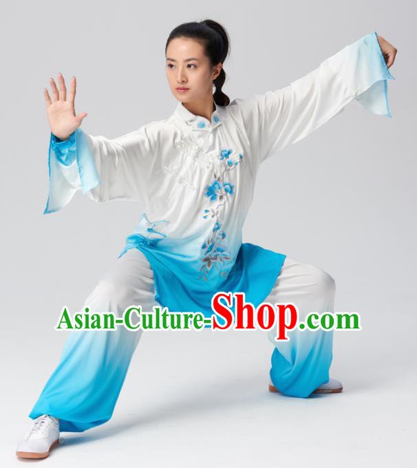 Chinese Traditional Tai Chi Group Embroidered Blue Costume Martial Arts Competition Clothing for Women