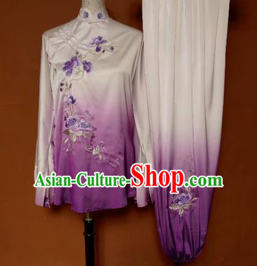 Chinese Traditional Tai Chi Group Embroidered Purple Costume Martial Arts Competition Clothing for Women