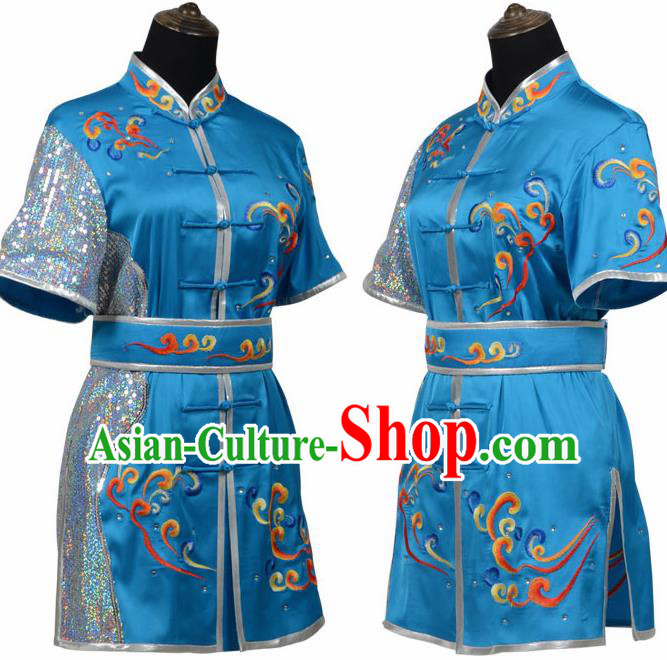 Chinese Traditional Kung Fu Blue Costume Martial Arts Tai Ji Competition Clothing for Women