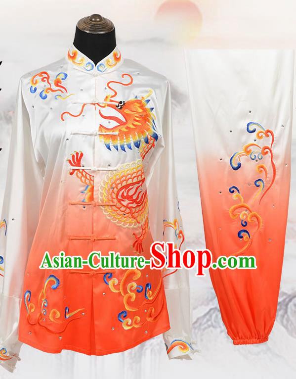 Chinese Traditional Kung Fu Embroidered Orange Costume Martial Arts Tai Ji Competition Clothing for Men