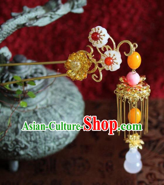 Top Grade Chinese Ancient Bride Wedding Tassel Golden Flowers Hairpins Traditional Hair Accessories Headdress for Women